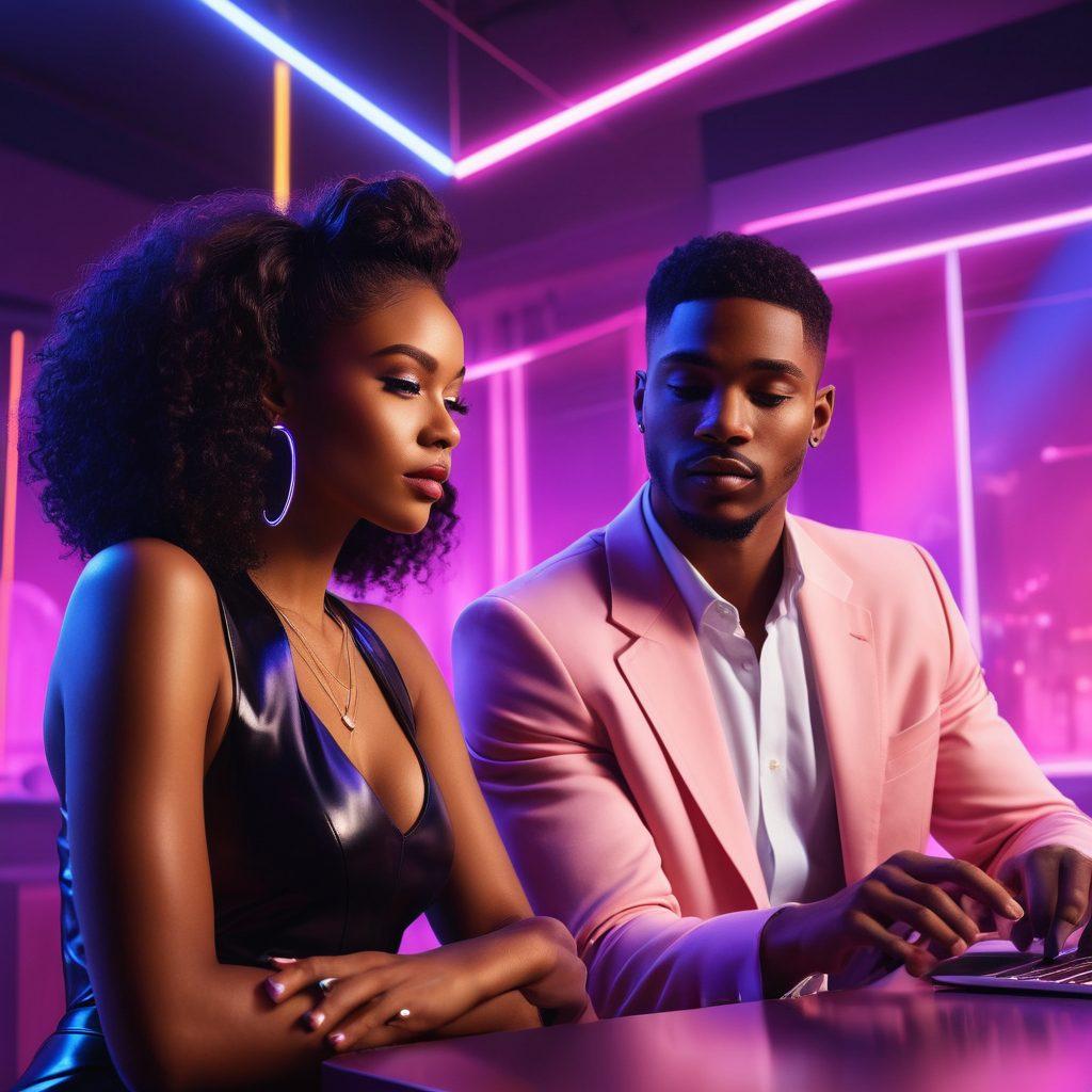 A vivid scene depicting a sensuous and classy online interface with diverse and confident Black individuals engaging in both intimate and playful activities. Emphasize the elegance, empowerment, and authenticity of the subjects. Background can incorporate elements like subtle neon lights and modern, sleek design to evoke a premium digital experience. vector art. vibrant colors.
