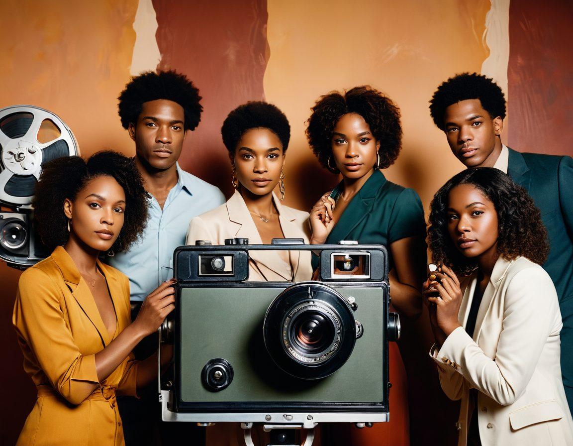 An elegant and respectful depiction of a film camera with a reel of film, partially unwound, showcasing a range of diverse and confident individuals in subtle, intimate poses, symbolizing empowerment and representation. The background subtly hints at a sophisticated set with professional lighting. painting style. warm and muted colors. artistic and tasteful tone.